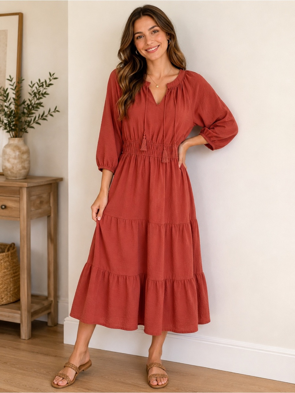Lucky Brand Rust-Red Textured Midi Dress
